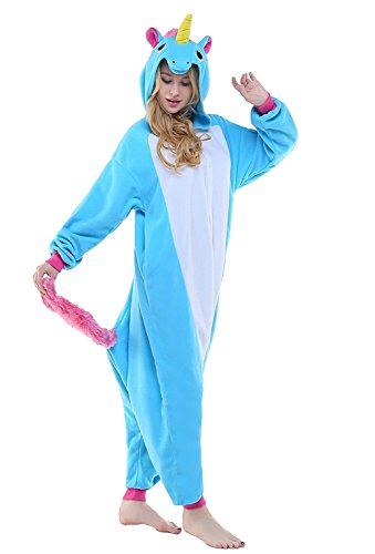 ABYED® Kostüm Jumpsuit Onesie Tier Fasching Karneval Halloween kostüm Erwachsene Unisex Cosplay Schlafanzug- Größe S - für Höhe 148-155cm, Blaue Einhorn - 1