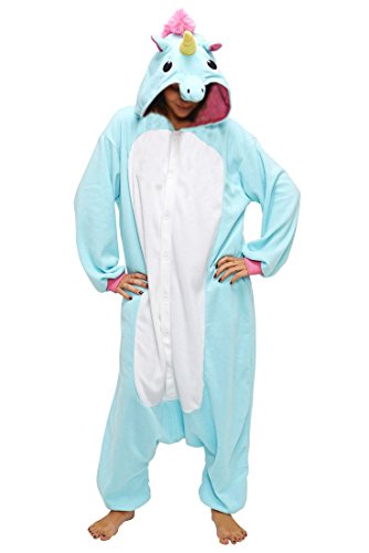Anbelarui Tier Skelett Pinguin Dinosaurier Panda Einhorn Kostüm Damen Herren Pyjama Jumpsuit Nachtwäsche Halloween Karneval Fasching Cosplay Kleidung S/M/L/XL (M, Blaues Einhorn) - 1