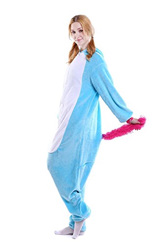CozofLuv Einhorn Kostüm Erwachsene Tier Jumpsuits Pyjama Nachthemd Nachtwäsche Karnevalskostüme Faschingskostüm Kapuzenkostüm (S: 150-160cm, Blau) - 2