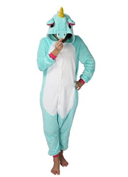 Einhorn jumpsuit Schlafanzug Damen Einhorn kostüm tier jumpsuit Erwachsene Flanell Cosplay zum Karneval Fasching (Pferd) (L: für Höhe 168-177, Hellblau) - 1