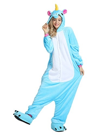 Einhorn Kostüm Pyjama Jumpsuit Cosplay Schalfanzug Festliche Anzug Flanell Tierkostüm Kartonkostüm Tierschalfanzug(XL,Blau) - Mescara - 4