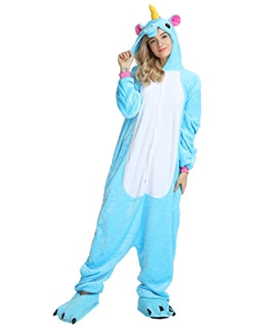 Einhorn Kostüm Pyjama Jumpsuit Cosplay Schalfanzug Festliche Anzug Flanell Tierkostüm Kartonkostüm Tierschalfanzug(XL,Blau) - Mescara - 1