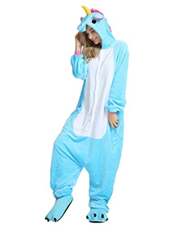 Einhorn Kostüm Pyjama Jumpsuit Cosplay Schalfanzug Festliche Anzug Flanell Tierkostüm Kartonkostüm Tierschalfanzug(XL,Blau) - Mescara - 6