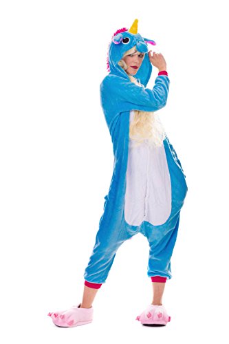 Einhorn Pyjamas Kostüm Jumpsuit Erwachsene Unisex Tier Cosplay Halloween Fasching Karneval Plüsch Schlafanzug Tierkostüme Anzug Flanell, M,Blau - 2