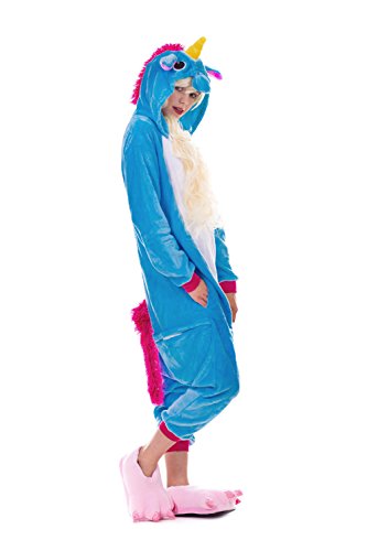 Einhorn Pyjamas Kostüm Jumpsuit Erwachsene Unisex Tier Cosplay Halloween Fasching Karneval Plüsch Schlafanzug Tierkostüme Anzug Flanell, M,Blau - 3
