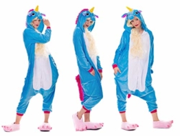 Einhorn Pyjamas Kostüm Jumpsuit Erwachsene Unisex Tier Cosplay Halloween Fasching Karneval Plüsch Schlafanzug Tierkostüme Anzug Flanell, M,Blau - 1