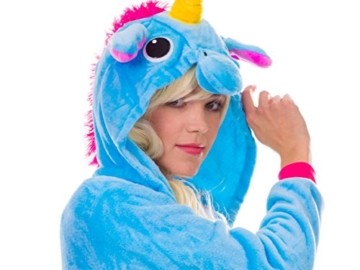 Einhorn Pyjamas Kostüm Jumpsuit Erwachsene Unisex Tier Cosplay Halloween Fasching Karneval Plüsch Schlafanzug Tierkostüme Anzug Flanell, M,Blau - 4