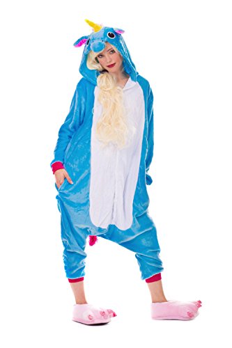 Einhorn Pyjamas Kostüm Jumpsuit Erwachsene Unisex Tier Cosplay Halloween Fasching Karneval Plüsch Schlafanzug Tierkostüme Anzug Flanell, M,Blau - 8