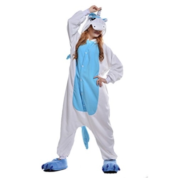 JINZFJG Erwachsene Damen/Herren  Tier-Kostüm Jumpsuit Schlafanzug Pyjamas Einteiler, Blau Einhorn, M (Körpergröße 160-169 cm) - 1