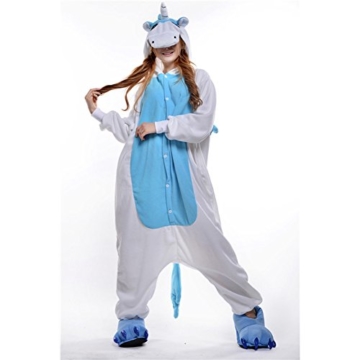 JINZFJG Erwachsene Damen/Herren  Tier-Kostüm Jumpsuit Schlafanzug Pyjamas Einteiler, Blau Einhorn, M (Körpergröße 160-169 cm) - 7
