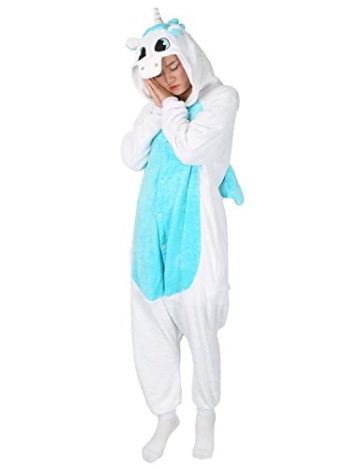 LATH.PIN Tier Pyjama Einhorn Kostüm Karton Tierkostüme Halloween Kostüme Jumpsuit Erwachsene Schlafanzug Unisex Cosplay- Gr, S(Höhe142-155CM), Einhorn blau - 5