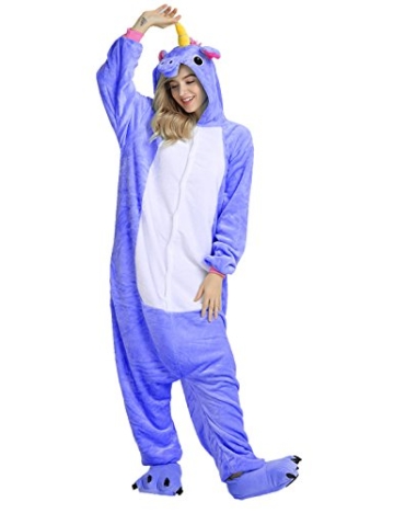 Mescara Einhorn Kostüm Pyjama Jumpsuit Cosplay Schalfanzug Anzug Flanell Tierkostüm Kartonkostüm Tierschalfanzug Fasching S (für 145-154 cm), Blau-2 - 1