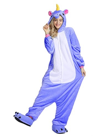 Mescara Einhorn Kostüm Pyjama Jumpsuit Cosplay Schalfanzug Anzug Flanell Tierkostüm Kartonkostüm Tierschalfanzug Fasching S (für 145-154 cm), Blau-2 - 6
