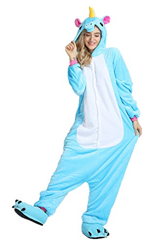 Unicorn Pajamas Cosplay Unicorn Costumes Animals Sleepwear Flannel Jumpsuits Unisex-Adult Nightwear Party Costumes (M, Blau) - 2