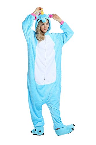 Unicorn Pajamas Cosplay Unicorn Costumes Animals Sleepwear Flannel Jumpsuits Unisex-Adult Nightwear Party Costumes (M, Blau) - 5