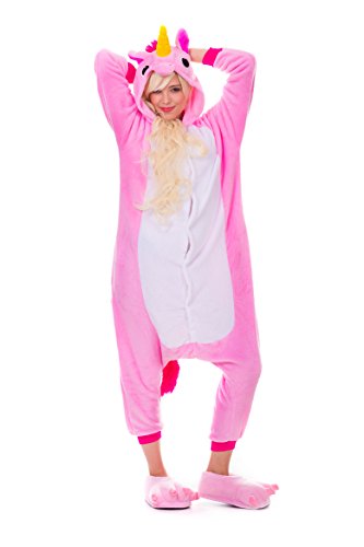 Einhorn Pyjamas Kostüm Jumpsuit Erwachsene Unisex Tier Cosplay Halloween Fasching Karneval Plüsch Schlafanzug Tierkostüme Anzug Flanell, S,Rosa - 2
