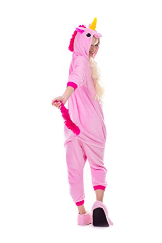 Einhorn Pyjamas Kostüm Jumpsuit Erwachsene Unisex Tier Cosplay Halloween Fasching Karneval Plüsch Schlafanzug Tierkostüme Anzug Flanell, S,Rosa - 3