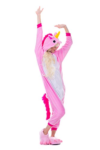Einhorn Pyjamas Kostüm Jumpsuit Erwachsene Unisex Tier Cosplay Halloween Fasching Karneval Plüsch Schlafanzug Tierkostüme Anzug Flanell, S,Rosa - 8