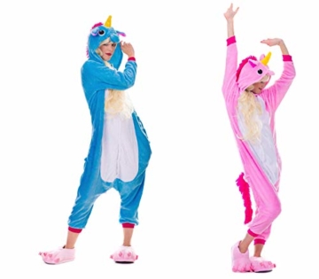 Einhorn Pyjamas Kostüm Jumpsuit Erwachsene Unisex Tier Cosplay Halloween Fasching Karneval Plüsch Schlafanzug Tierkostüme Anzug Flanell, S,Rosa - 9