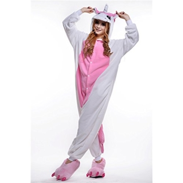 JINZFJG Erwachsene Damen/Herren  Tier-Kostüm Jumpsuit Schlafanzug Pyjamas Einteiler, Rosa Einhorn, XL (Körpergröße 178-188 cm) - 6