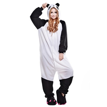 JINZFJG Erwachsene Damen/Herren  Tier-Kostüm Jumpsuit Schlafanzug Pyjamas Einteiler, Weiß-Schwarz Panda, M (Körpergröße 160-169 cm) - 1