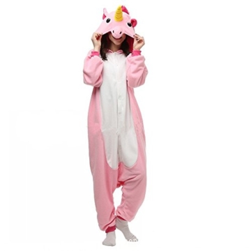 Misslight Einhorn Pyjama Damen Jumpsuits Tieroutfit Tierkostüme Schlafanzug Einhorn Kostüme Tier Sleepsuit mit festival tauglich Erwachsene und Kinder (L, Pink) - 1