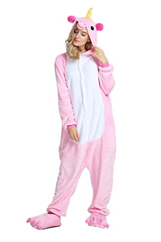 Süßes Einhorn Overalls Jumpsuits Pyjama Fleece Nachtwäsche Schlaflosigkeit Halloween Weihnachten Karneval Party Cosplay Kostüme für Unisex Kinder und Erwachsene (XL, Rosa) - 2