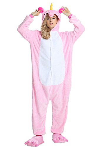 Süßes Einhorn Overalls Jumpsuits Pyjama Fleece Nachtwäsche Schlaflosigkeit Halloween Weihnachten Karneval Party Cosplay Kostüme für Unisex Kinder und Erwachsene (XL, Rosa) - 3
