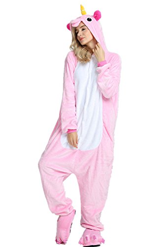 Süßes Einhorn Overalls Jumpsuits Pyjama Fleece Nachtwäsche Schlaflosigkeit Halloween Weihnachten Karneval Party Cosplay Kostüme für Unisex Kinder und Erwachsene (XL, Rosa) - 1