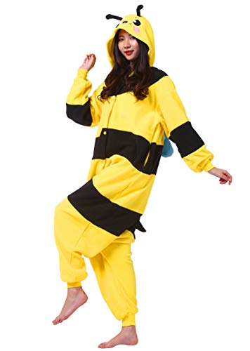 ULEEMARK Jumpsuit Onesie Tier Karton Fasching Halloween Kostüm Sleepsuit Cosplay Overall Pyjama Schlafanzug Erwachsene Unisex Lounge Kigurumi Gelb Biene for Höhe 140-187CM - 3