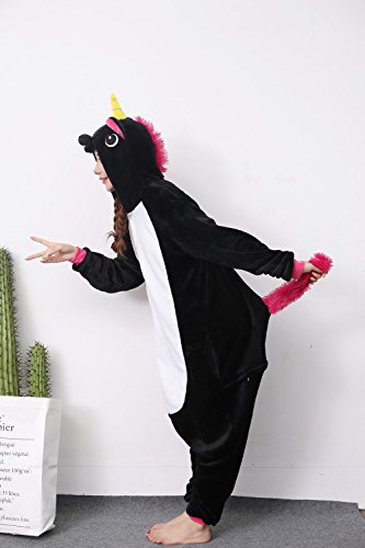 Unicsex Süß Einhorn Overall Pyjama Jumpsuit Kostüme Schlafanzug Für Kinder / Erwachsene (M, Schwarz) - 4