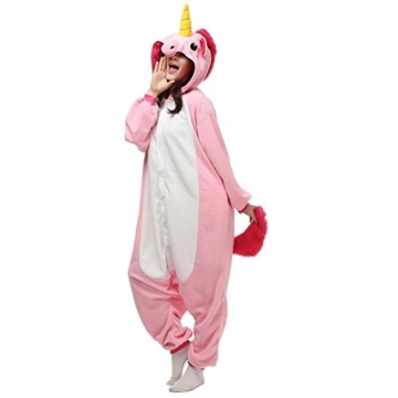 Unisex Einhorn Kostüm Pyjamas Tier Schlafanzug Karton Jumpsuit Nachthemd Erwachsene Fasching Cosplay Overall (XL für 178-187CM, Rosa) - 2