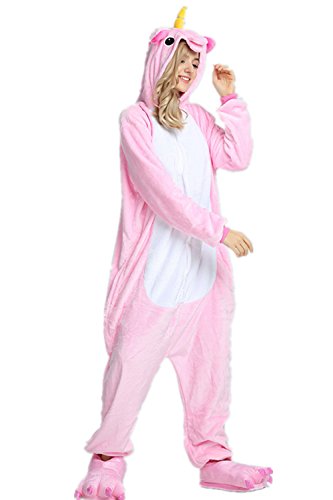 VineCrown Schlafanzug Einhorn Pyjamas Tier Overall Karikatur Neuheit Jumpsuit Kostüme für Erwachsene Kinder Weihnachten Karneval (S for 150CM- 160CM, Rosa) - 3