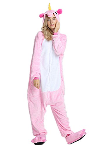 VineCrown Schlafanzug Einhorn Pyjamas Tier Overall Karikatur Neuheit Jumpsuit Kostüme für Erwachsene Kinder Weihnachten Karneval (S for 150CM- 160CM, Rosa) - 4